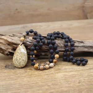 Pendant Necklaces Coral Jade Drop Pendants Knotted 8mm Black Lava Stone Round Beaded Mala Yoga Picture Jasper Loose Bead Jewelry QC0162