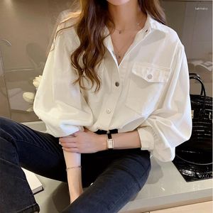 Blusas femininas primavera mulheres camisas bolsos moda estilo coreano estudantes soltos chique branco mulheres vintage manga comprida tops