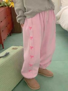 レディースパンツカプリス女性特大ピンクのピンクの弓カーゴパンツ韓国Y2Kファッションハイウエスト濃厚なスウェットパンツストリートウェアルーズカジュアルジョガーズボン240110