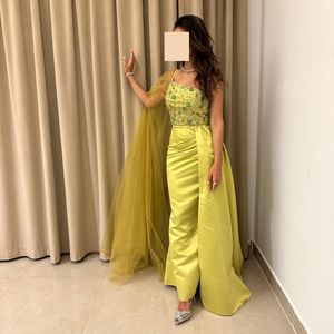 Vestidos de noite longos de luxo um ombro frisado cetim mangas completas sereia até o chão vestido de ocasião formal