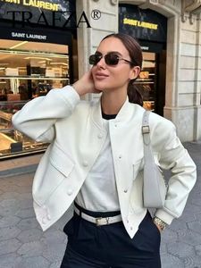 Trafza Women Eleganckie białe Kieszenie przednie przednie kieszenie na guziki Bomber Bumber Bomber Jumn Woman Casual Coats Top 240110