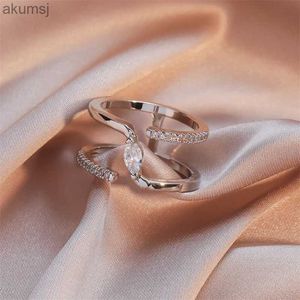 Cell Phone Mounts Holders Luxury Band Silver Color Adjustable Rings for Women Double-Decker Geometric Shiny Zircon Ring Fashion Accessories YQ240110