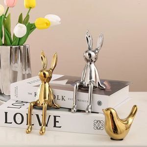 Art Electroplated Ceramic Rabbit Ornaments Gold Decoration Crafts Living Room Office Accessories Bedroom Home Decor Ornament 240109