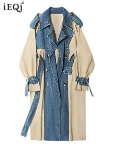 IEQJ Women's Trench Coat Denim Symning Lapel dubbelbröst Bandage Löst vindbrytare 2023 Spring Female Clothing 3W6304 240109