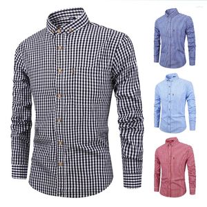 Camicie eleganti da uomo T-shirt a maniche lunghe da uomo Camicia casual abbottonata in cotone traspirante Stampa scozzese Top slim fit con tasca