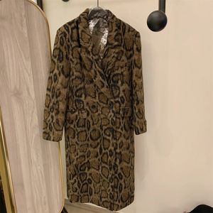 Casaco hepburn de comprimento médio com estampa de leopardo marrom para inverno trespassado longo casaco de lã moda passarela 240109