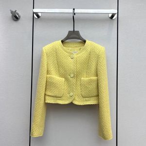 Women's Jackets 2024 Early Autumn Lemon Yellow Coat Cardigan Design Very Wide Three-dimensional Shoulders Short Cut Simple Atmosphere
