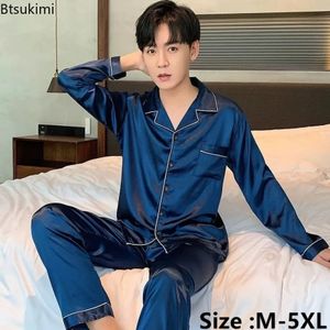 Męskie swobodne twelowa satynowa satynowa piżamowe spodnie Zestaw długi butdondown piżamowy garnitur Pijama Male Loungewear plus size PJ 240110