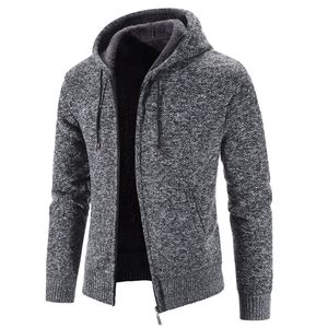 Winter Men's Warm Thick pälsfodrad stickad hoodiejacka zip upp utomhus fast färg huva kappa tröja jackor kläder 240110