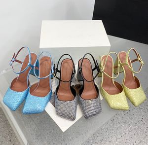 Amina Muaddi cristallo satinato punta quadrata décolleté sandali cinturino alla caviglia orchidea scarpe eleganti 95mm grosso blocco tacco slingback Sandali firmati da donna Taglia 35-42 Con scatola