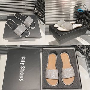 City Shoes Italian IT brand designer Sliders Women Slippers Casual Fashion Party Events Flat glitter Diamond Slippers Black white apricot sparkling hostore 35-40