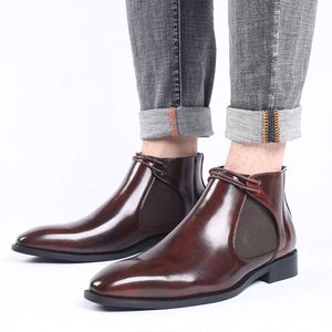 Stivaletti alti da uomo casual in pelle di qualità alla moda marrone slip-on da uomo a punta da lavoro