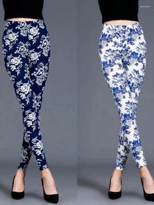 Женские брюки, распродажа, весенние и осенние тонкие сине-белые фарфоровые леггинсы с бриллиантами и цветком, мягкие тонкие