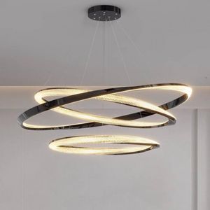 Modern Simple Steel Dimable LED Chandelier av fjärrkontroll Stair Luster Circle Pendant Lights Living Room Hängande Luminarias