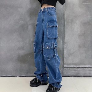 Women's Jeans Vintage Oversized High Waist Blue Multi-pockets Women 2024 Spring Wide Leg Cargo Female Baggy Spliced Denim Trousers
