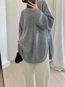 Vintage Sweater Yan Çatal Kalın Gevşek Orta ve Uzun Büyük Boy Kazak Kadın O boyun sonbahar ve Kış Moda Kükredi Kazak 240109