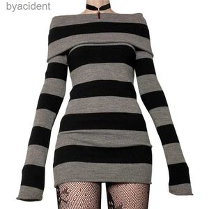 Basic Casual Dresses Y2K Striped Sweater Mini Dress Mall Goth Grunge Emo Bodycon Chic Women Off Shoulder Full Sleeve Slim Fit Dresses 00s VintageL240110