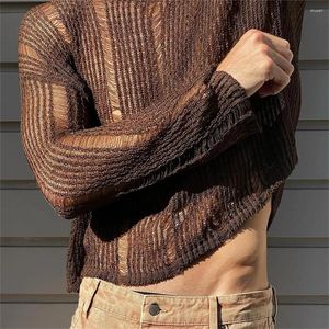 Men's T Shirts Fashion Men Hollow Mesh Knitted T-shirts Man Streetwear Pullovers Solid Color Long Sleeve O Neck Tees Tops Out Undershirt