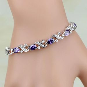 Armreifen, silberfarbener Schmuck, mystischer lila Zirkonia, weiße CZ-Charm-Armbänder für Frauen, inklusive Geschenkbox