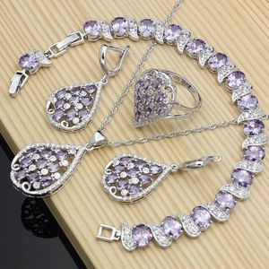 Set Office Women 925 Silver Smyckesuppsättningar Purple Amethyst Crystal Exquisite Earrings Rings Accessories Necklace Set Dropshipping