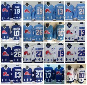 CUSTOM Mens Quebec Nordiques Vintage 19 Joe Sakic Hockey Jerseys Baby Blue 26 Stasy 13 Mats Sundin 21 Peter Forsberg 10 Guy Lafleur Jersey Ice Jersey