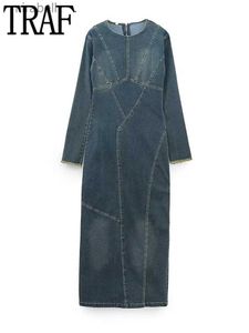 Базовые повседневные платья TRAF, синее джинсовое платье, женское зимнее длинное платье для женщин 2023, женское платье с макси-рукавами и разрезом на выход YQ240110