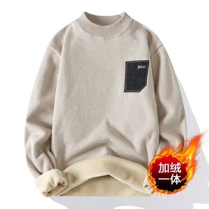 Män Autumn Winter Sweater Fashion Sticked Mock Neck Thick Fleece Inside Män Solid Color Casual tröja Pullovers 240110