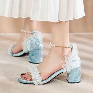 Sandaler Qplexco Velvet Velor Blue Grey Sweet Girls Shoes Open Toe Lace Ruffles Pearls Japanese Lolita Womens Block High Heels