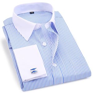Wysokiej jakości pasiastki dla mężczyzn francuskie spinki do mankietów swobodne koszule z długim rękawem biały kołnierz design ślubna koszula 6xl 240109