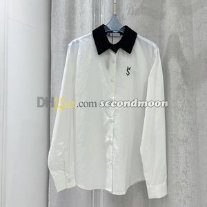 Designerbrev broderade blusar Kvinnor LAPEL NECK TEE Lång ärm Vit blues Casual Style Shirts