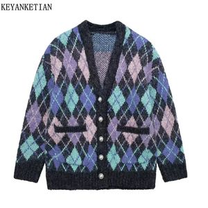 Keyanketian 2024 Women's Diamond Check Jacquard Knit Cardigan British Style Faux Gemstone Fasteners Sweater Coat Top 240109
