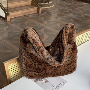 Sacos de noite Vintage Padrão de Leopardo Bolsa de Ombro de Pelúcia para Mulheres Moda Casual Grande Capacidade Pano Tecido Tote Feminino Bolsa de Inverno