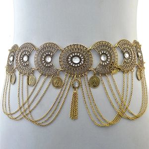 Sexy Hollow Out Waist Chains Crystal Indian Yoga Belly Belt Chains Gypsy Women Retro Tassel Coins Pendant Waist Belt 240110