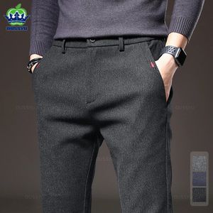 2023 inverno masculino tecido escovado calças casuais moda de negócios fino ajuste estiramento grosso cinza azul preto algodão masculino 240109