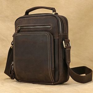 Luufan gerçek deri erkek omuz çantası vintage çılgın at derisi çifte fermuarlı cep flap messenger çantası adam günlük çanta 240109