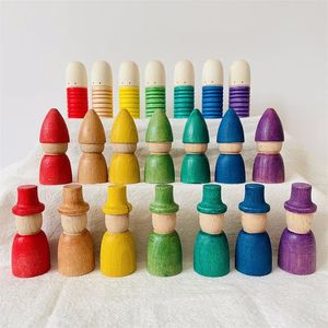 Rainbow Peg Dolls Ustaw drewniane bloki figurowe dla dzieci Kids Montessori Educational Toy Otwarte Zakończone zabawki dla dzieci 240110