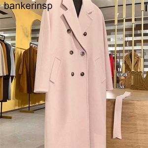 Luxury Coat Maxmaras 101801 Pure Wool Coat Winter Classic Cherry Blossom Pink Double Breasted Cashmere Coat för män och kvinnors high end Long Outwear1A883E2E