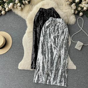 Kadınlar parıltı payetleri yüksek bel seksi etek parti moda vintage a-line siyah gümüş etek goth bahar yaz giyim 240110