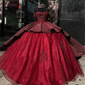 Sparkly Burgundy Ruffels Spaghetti Quinceanera Dresses Sweet 16 Dresses Ball Gown Flowers Tulle Birthday Gowns vestidos de 15