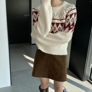 Kadın Sweaters Sonbahar ve Kış Sıradan Geometrik Desen Yuvarlak Boyun Uzun Kollu Gevşek Kazak