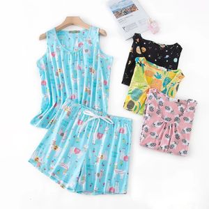 Plus Size Cute Cartoon 60 Bomulls ärmlös pyjama Set Sleepwear Stor 100 kg Oneck Shorts Pyjamas 240109