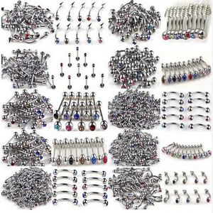 100PcsLot 10Styles 316L Stainless Steel Crystal Tongue Belly Lip Eyebrow Nose Barbell Rings Body Piercing Jewelry 240109