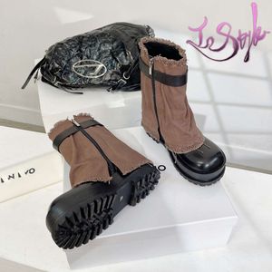 Calvinluo Stivali firmati da donna Stivali alti Denim Marrone Scarpe Y2k Maillard Stivali da cowgirl Fondo spesso Punta tonda Tacco grosso Stivali Martin Taglia EUR 35-40