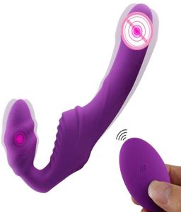 Realistico vibratore vibratore massaggiatore cinturino senza spalline su doppia testa lesbica GSpot stimola il clitoride giocattolo del sesso per coppia doppio motore X1982898