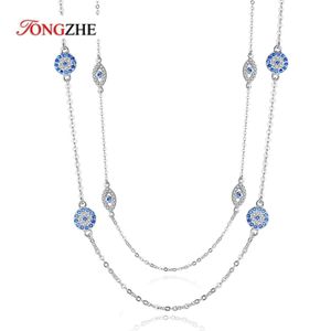 Necklaces TONGZHE 925 Sterling Silver Necklace Round Pendant Evil Eye Necklaces Blue Zircon Long Link Chain Turkey Jewelry Gifts for Women