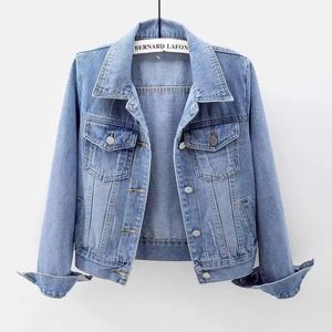 Spring Summer Full Sleeves Solid Women Collared Distressed Coat Ladies Washed Cropped Denim Jacket Girl Ripped Jean Cardigan Top 240109