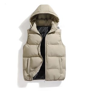 男性の秋の濃厚綿のノースリーブベストジャケットコートメンズ冬の温かい取り外し可能な帽子アウトウェアウエストコートフード付きベスト男性240109