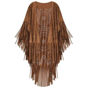 Shawls Camel Suede Floral Hollow Out Fringe Tassel Shawl Women Vintage Capes Ponchos Autumn Bohemian cardigan Cloak Boho 230201272W