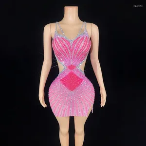 Casual Dresses Sexy Sparkly Rhinestones Short Dress Summer Backless Women Evening Celebriate Birthday Nightclub Outfit Show Stage Wear