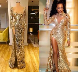 Sexig Gold Mermaid Prom Party Dresses 2024 Långärmhylsa Hög split plus -storlek Special OCN -klänningar för Black Girl